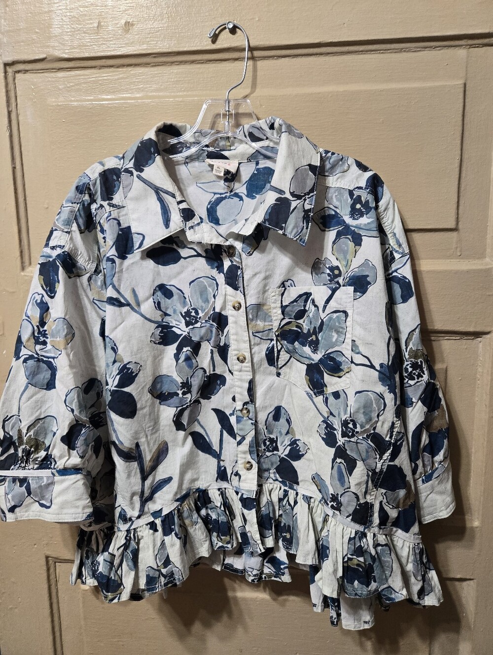 Bibi Blue Floral Ruffle Hem Button Front Blouse NWOT Size: XL